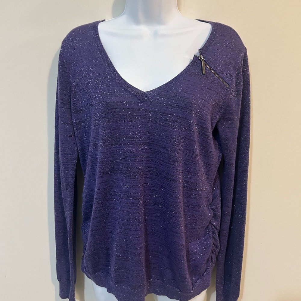 DKNY JEANS Purple V-Neck Sweater with Zipper Detail
